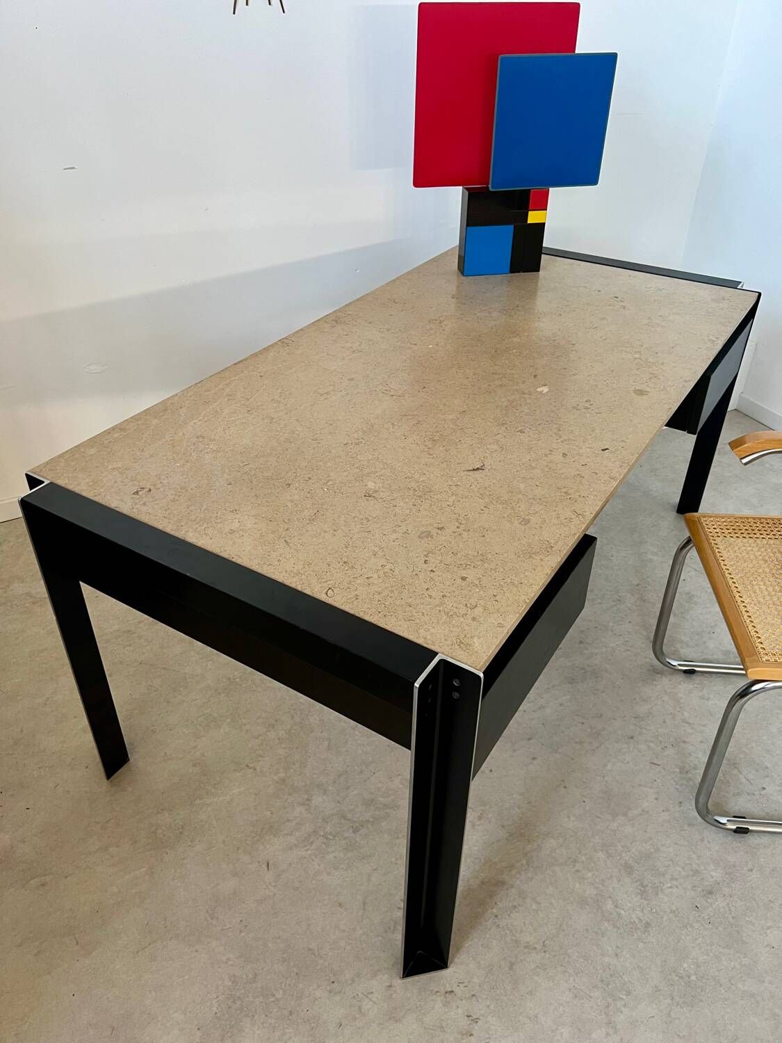 Italian design postmodern desk in metal and vintage 80s travertine top