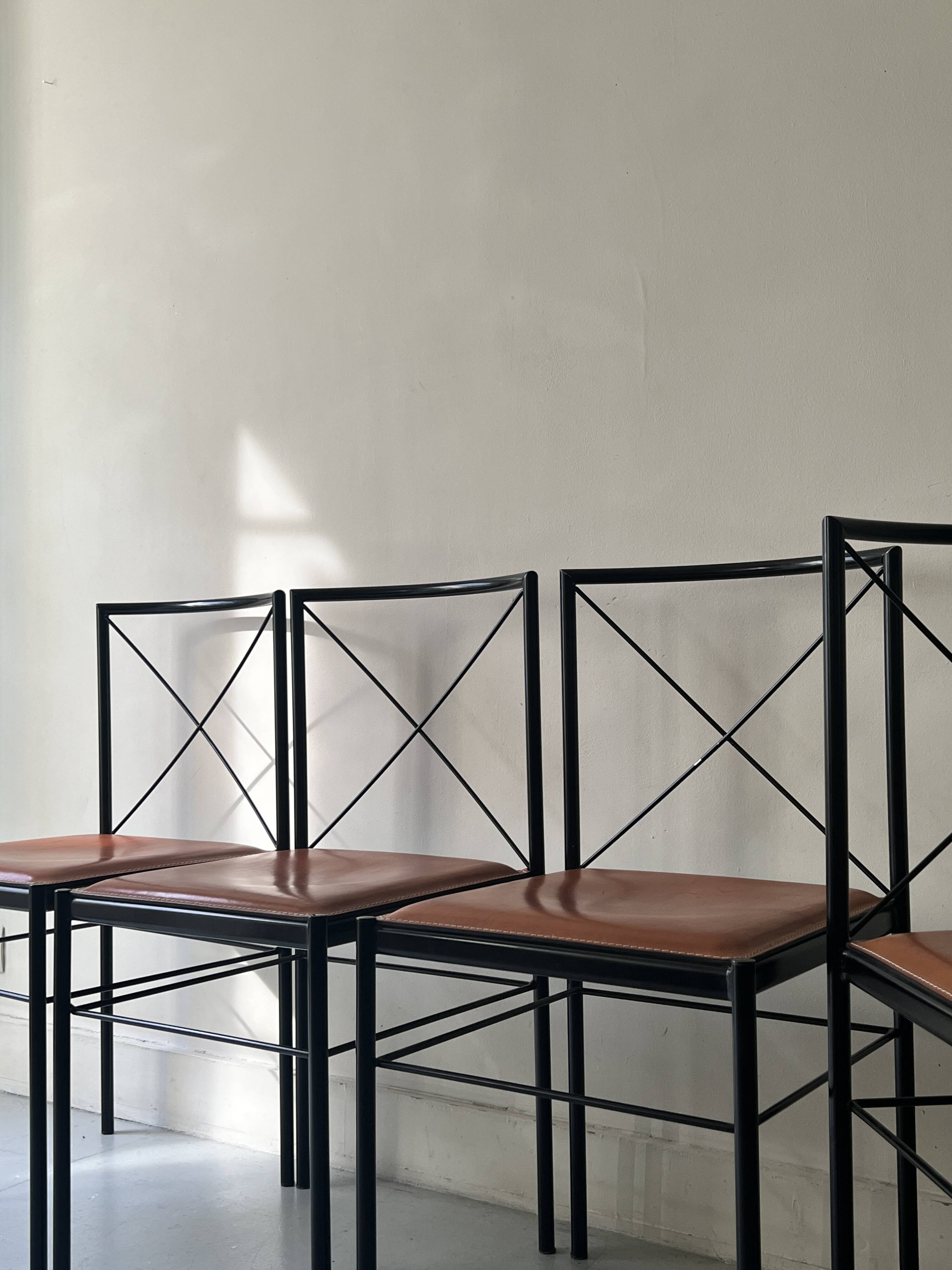 Set of 4 designer chairs in metal and cognac leather by Arrben Italy