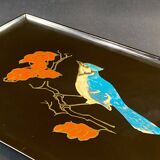 Tray in satin black resin with bird decoration 1970