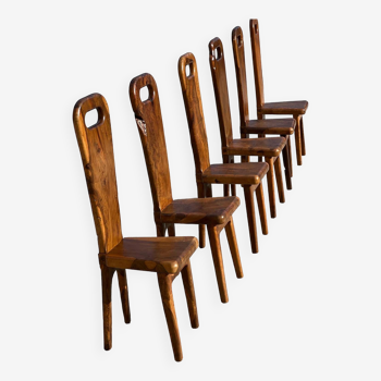 Chaises sculpturales à dossier haut en olivier massif, france, 1960s, set de 6