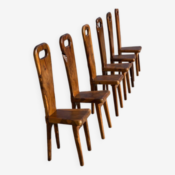 Sculptural high-back chairs in solid olive wood, France, 1960s, set of 6