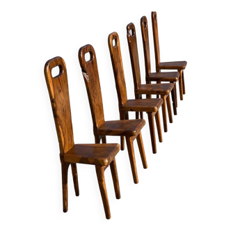 Chaises sculpturales à dossier haut en olivier massif, france, 1960s, set de 6