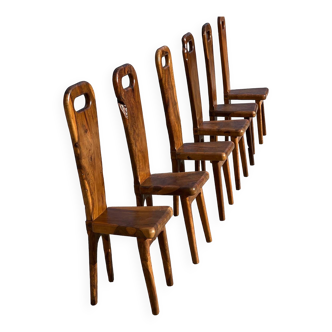 Sculptural high back chairs in solid olivier, france, 1960s, set of 6