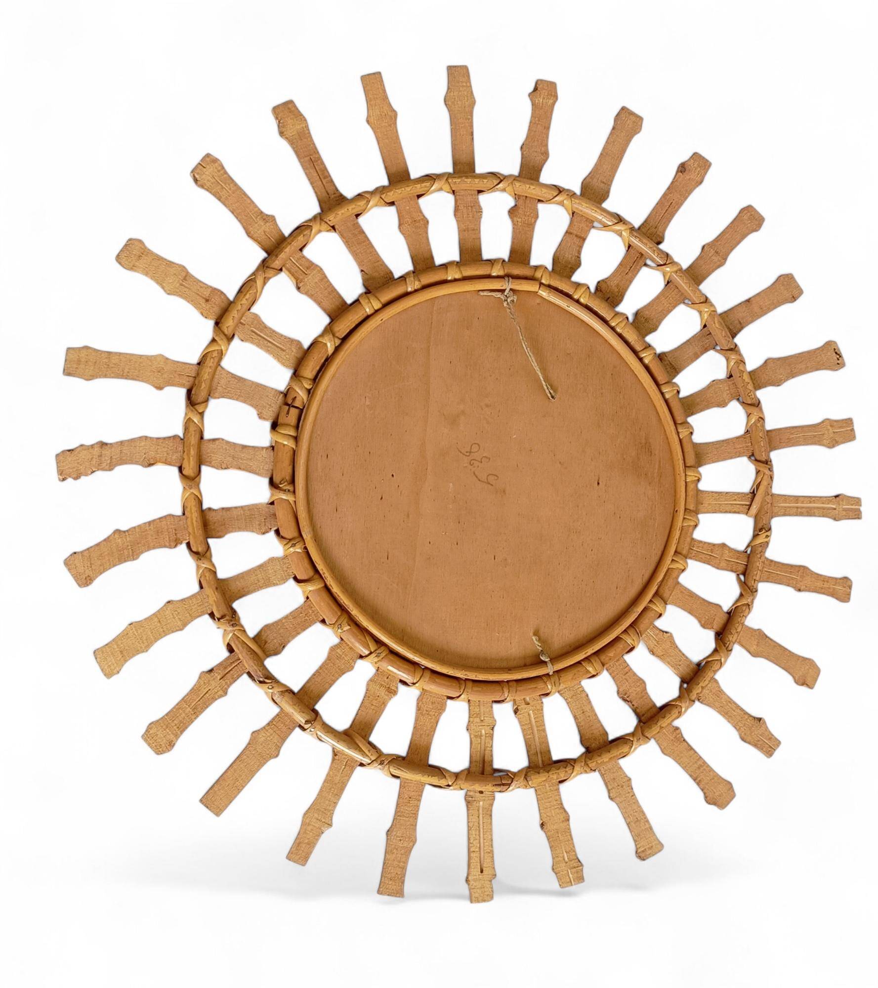 Midcentury Sunburst Mirror, Bamboo & Rattan, Handmade in France, 1950s