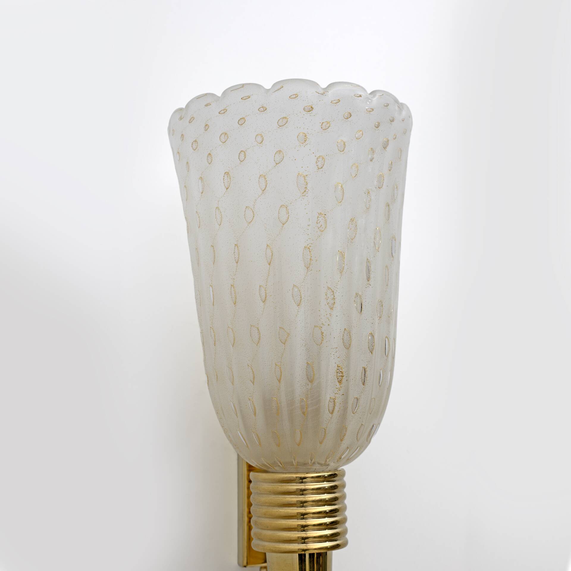 Pair of Mid-century Modern Italian Brass and Pulegoso Murano Glass Sconces