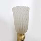 Pair of Mid-century Modern Italian Brass and Pulegoso Murano Glass Sconces