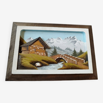 Tableau en bois sculpté relief 3D et peint motif Chalet montagne rivière vintage