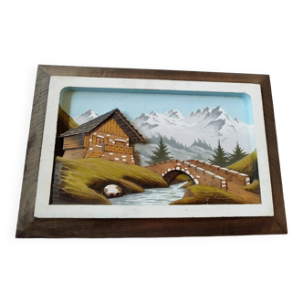 Wooden table carved in 3D relief and painted with vintage Chalet mountain river motif