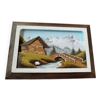 Tableau en bois sculpté relief 3D et peint motif Chalet montagne rivière vintage