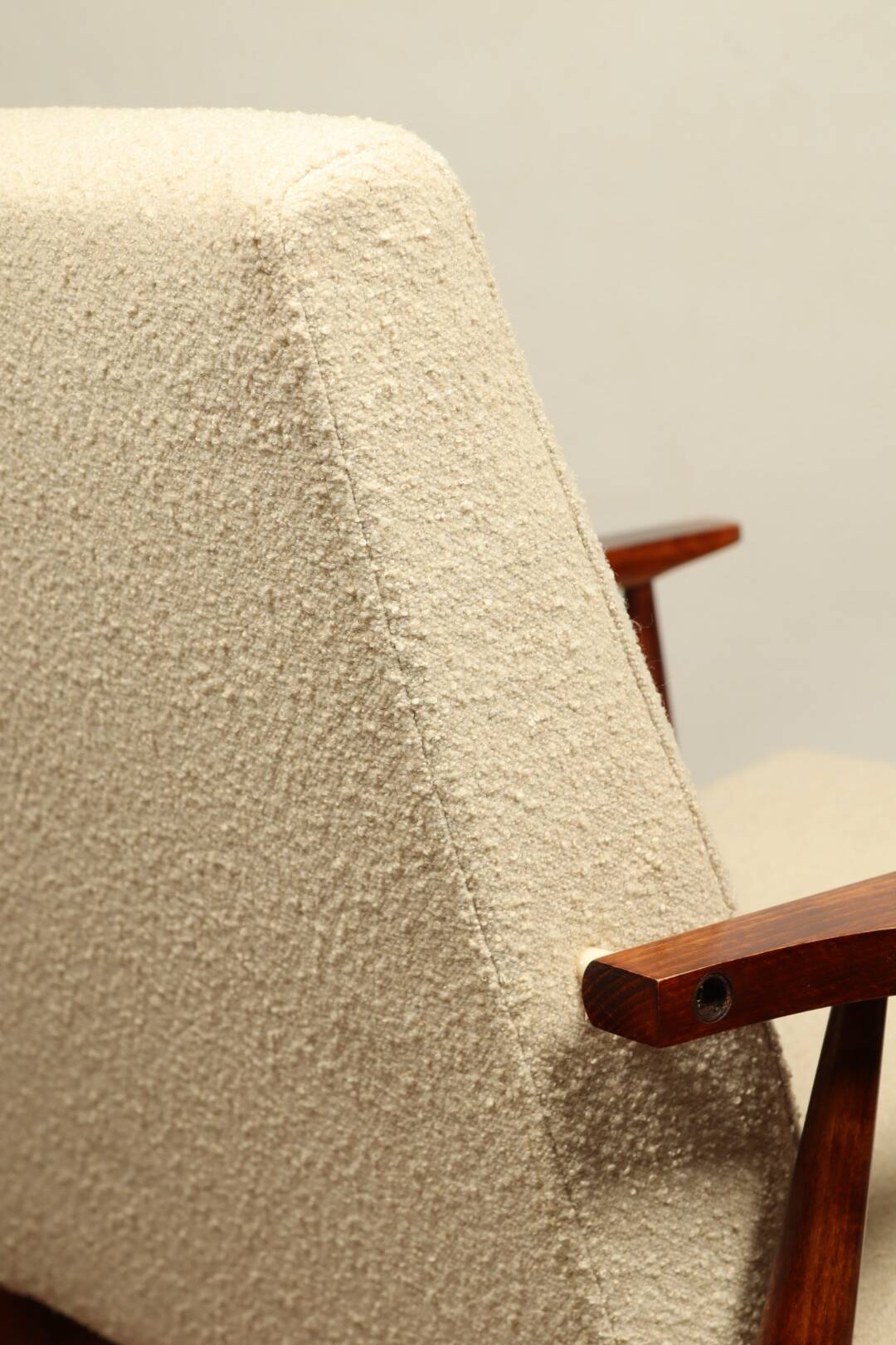 Scandinavian style set lounge chair and ottoman footrest in boucle fabric natural dark wood Mid Cent