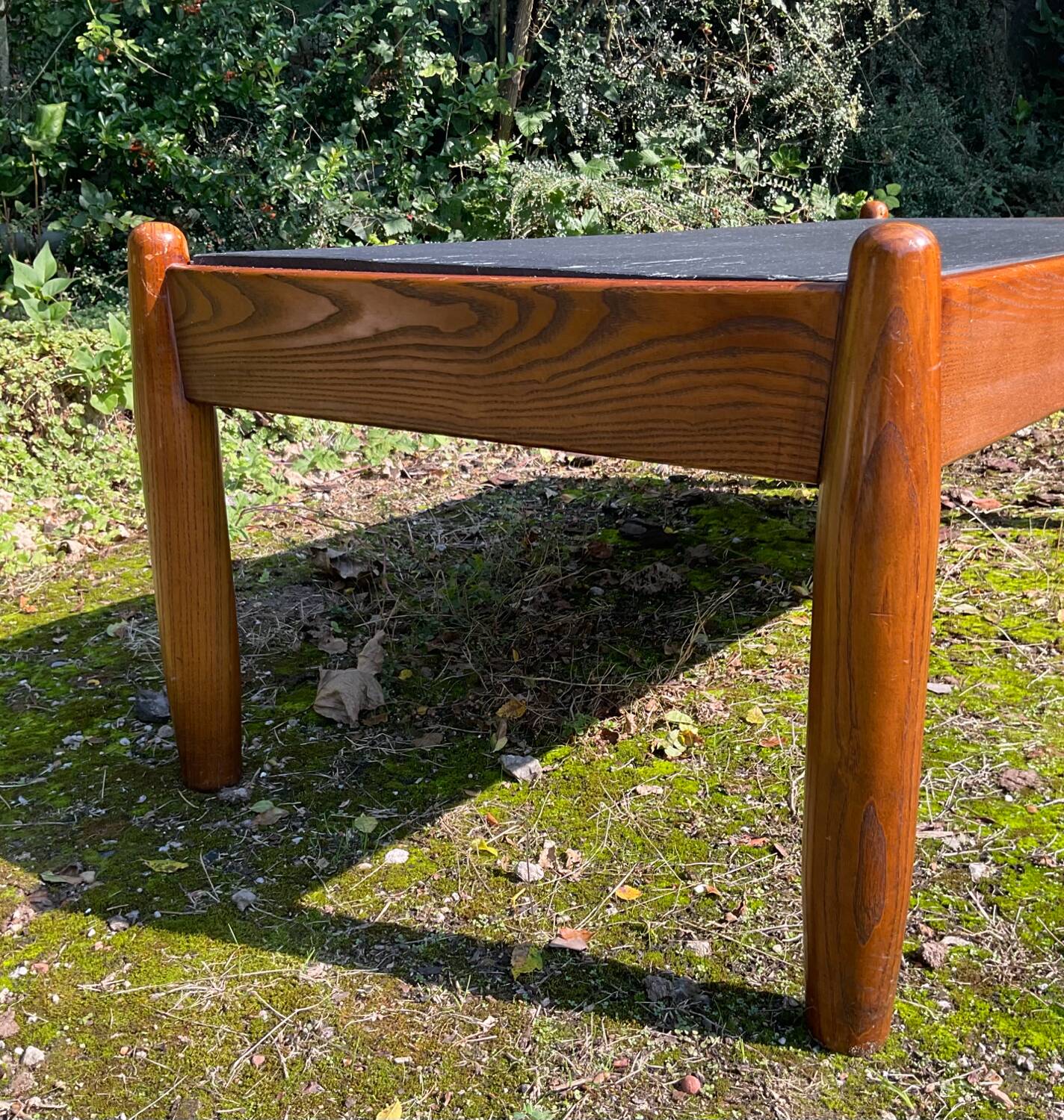 Solid oak and slate coffee table from the 50s-60s