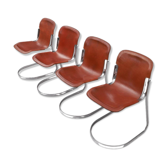 Set of 4 dining chairs in chrome and leather for Cidue Italy 1970