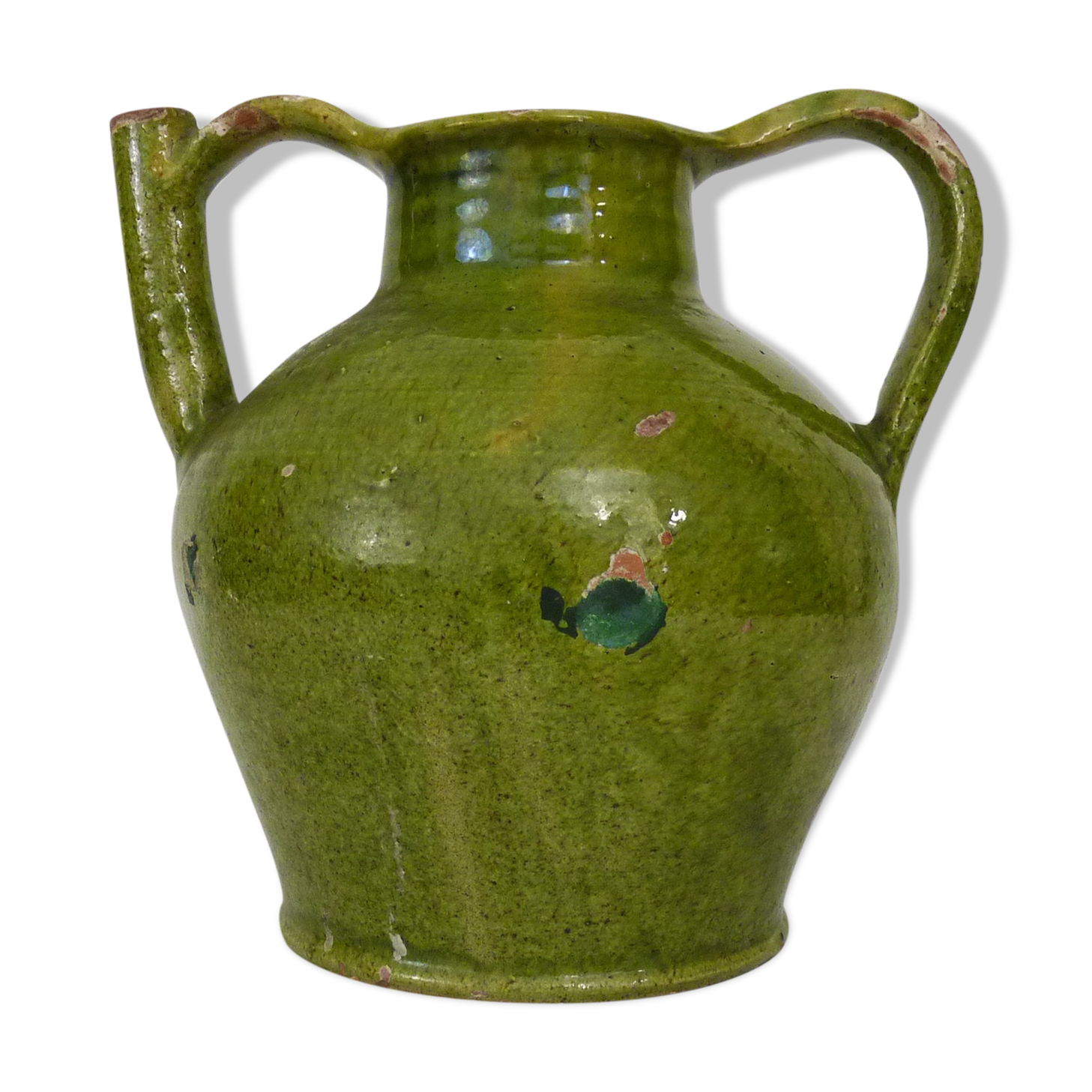 Orjol water pitcher pottery in green glazed terracotta. Pyrenees XIXth
