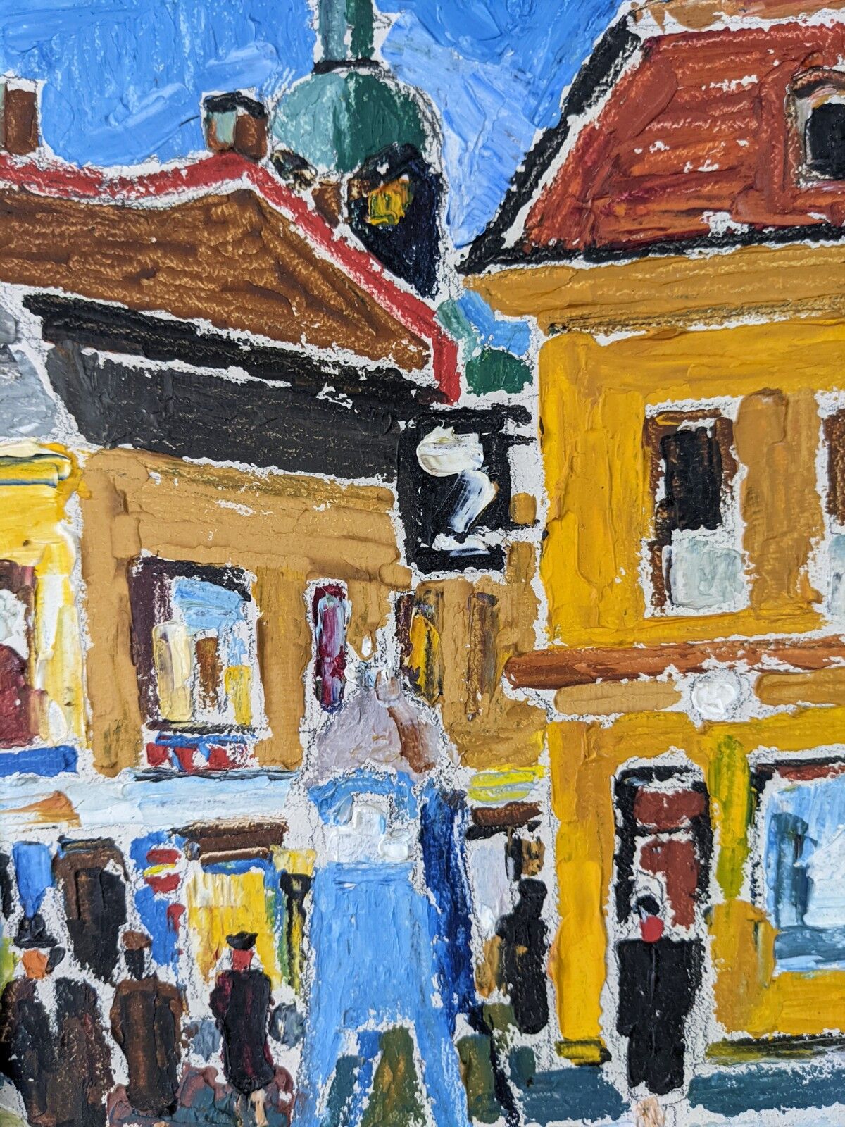 Mid-Century Modern Swedish Oil Painting "Pedestrians", Framed Street Scene