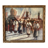 Oil painting “Sicilian procession” 1960, wooden frame and glass