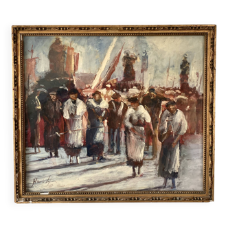Oil painting “Sicilian procession” 1960, wooden frame and glass