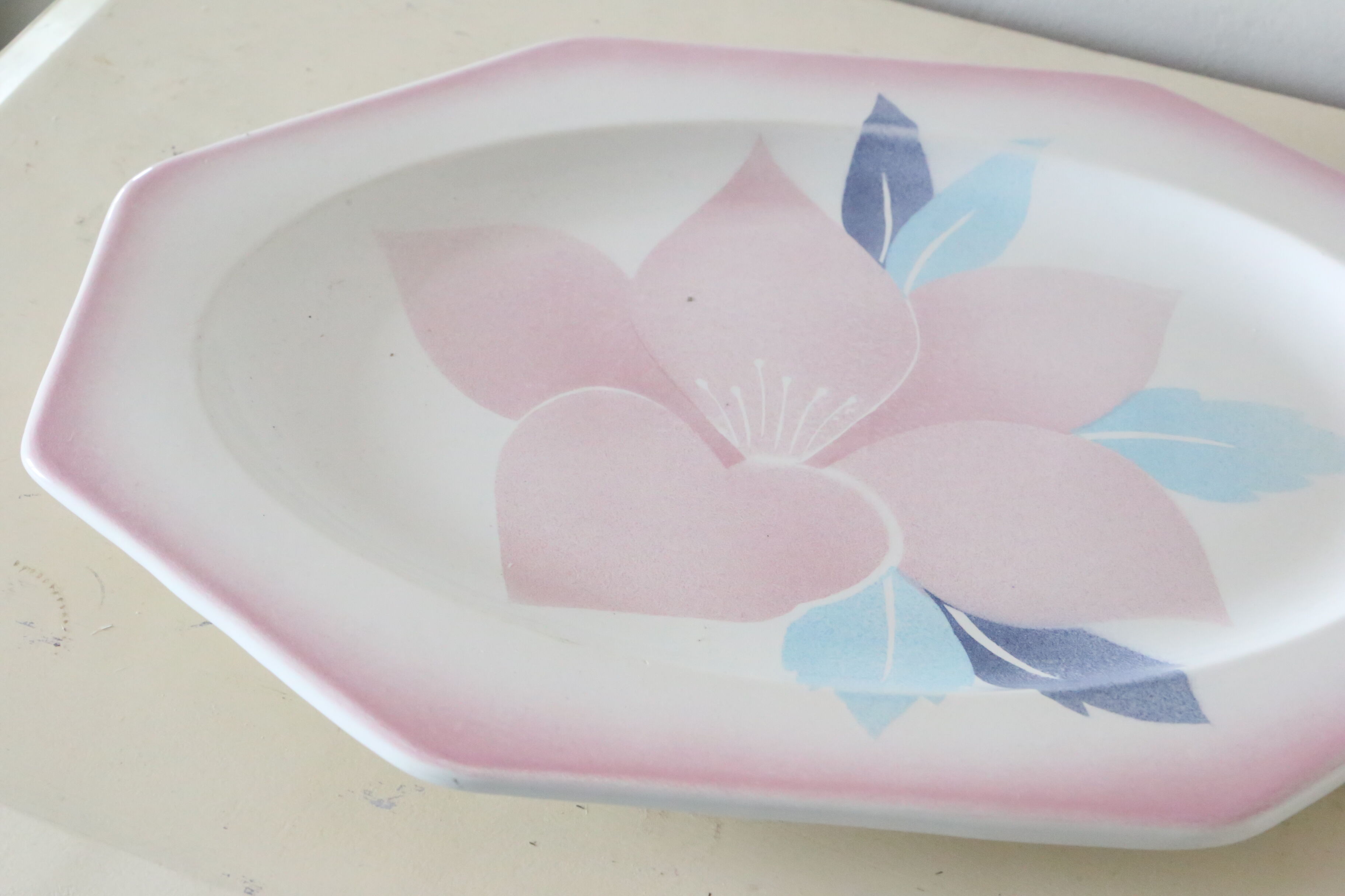 Octagonal dish Niderviller, Magnolia pattern, 1980, vintage