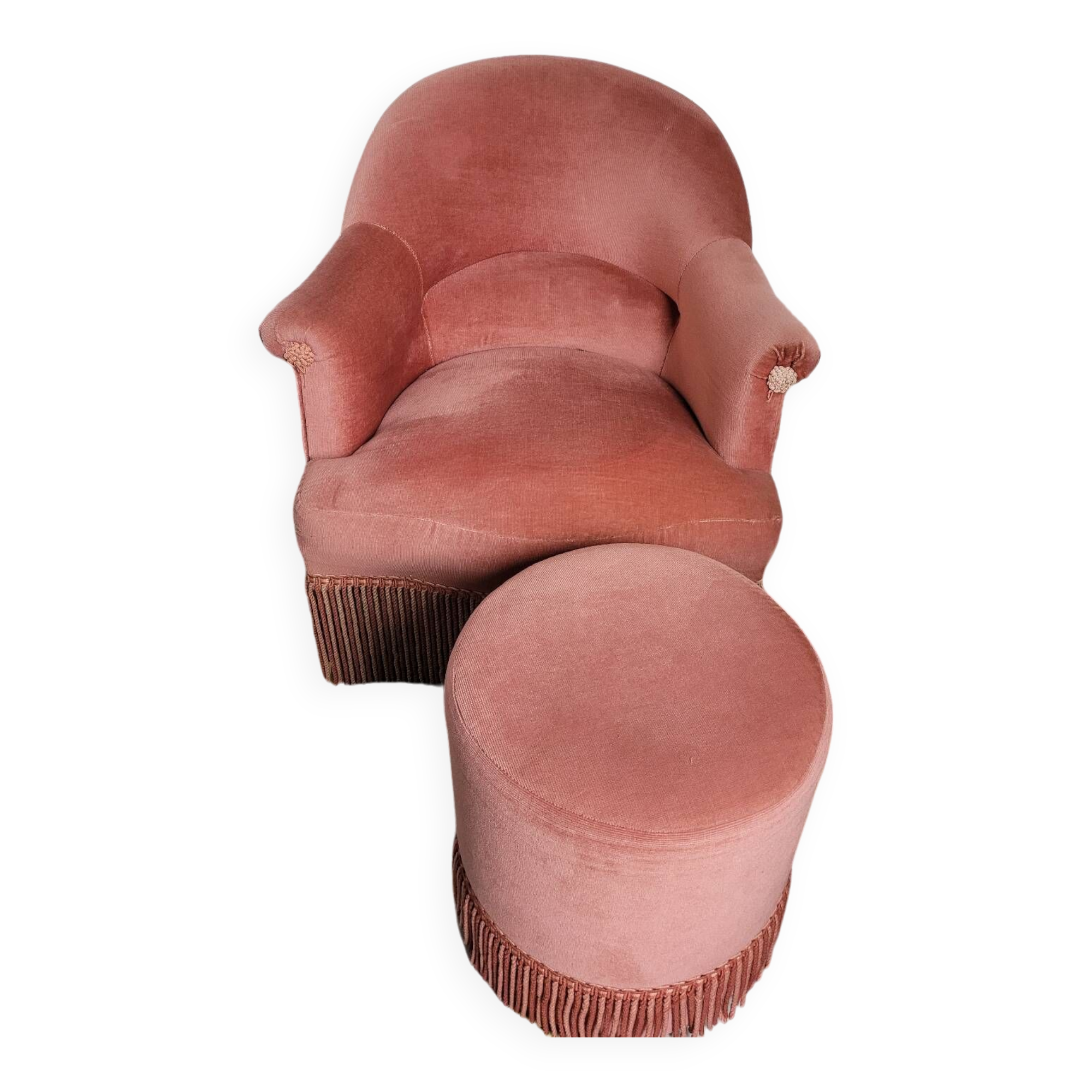 Pink velvet toad armchair with footrest