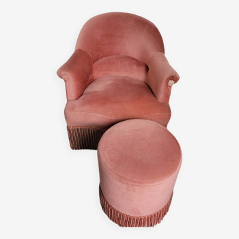 Pink velvet toad armchair with footrest