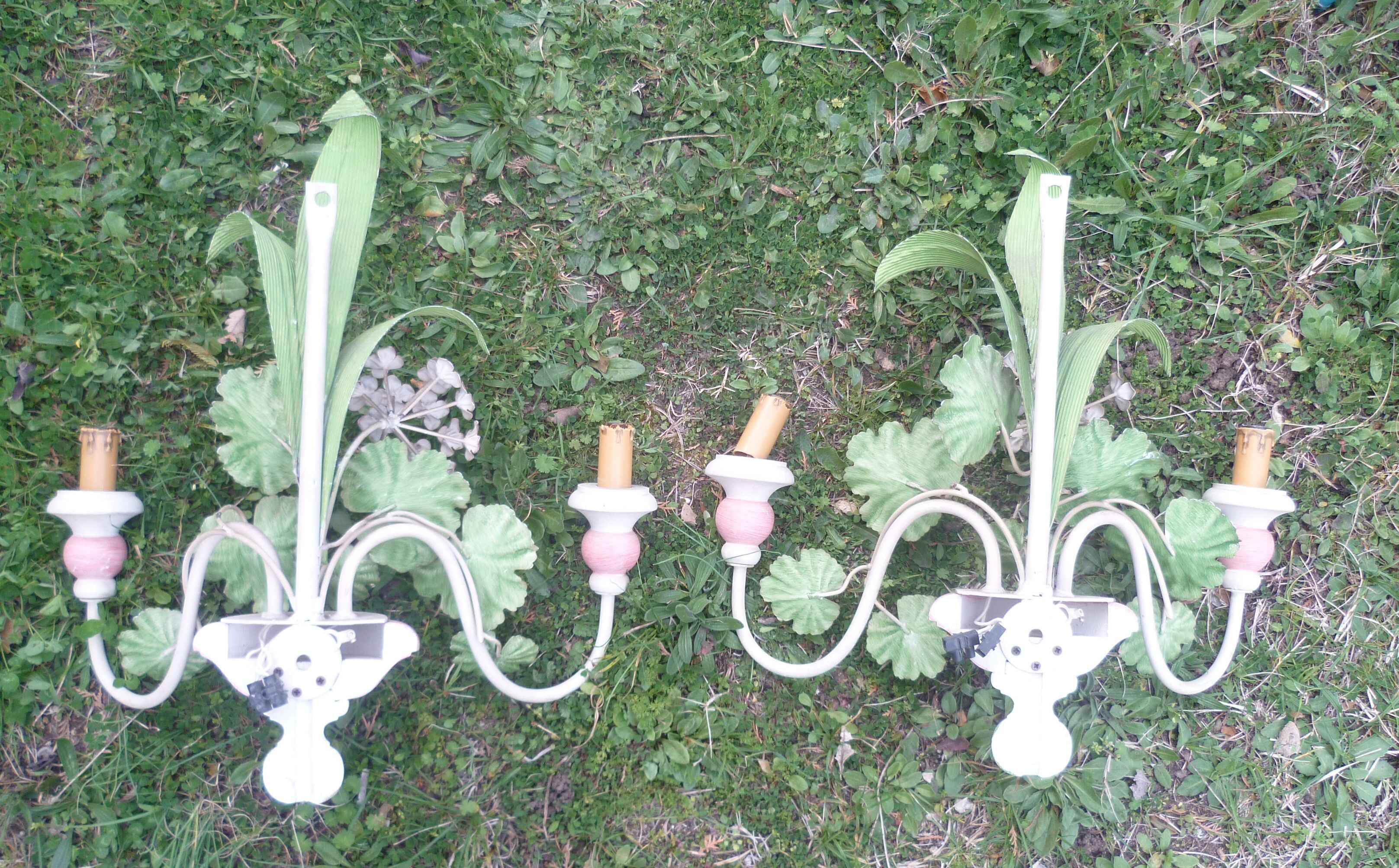 Pair of metal sconces painted spring flowers vintage