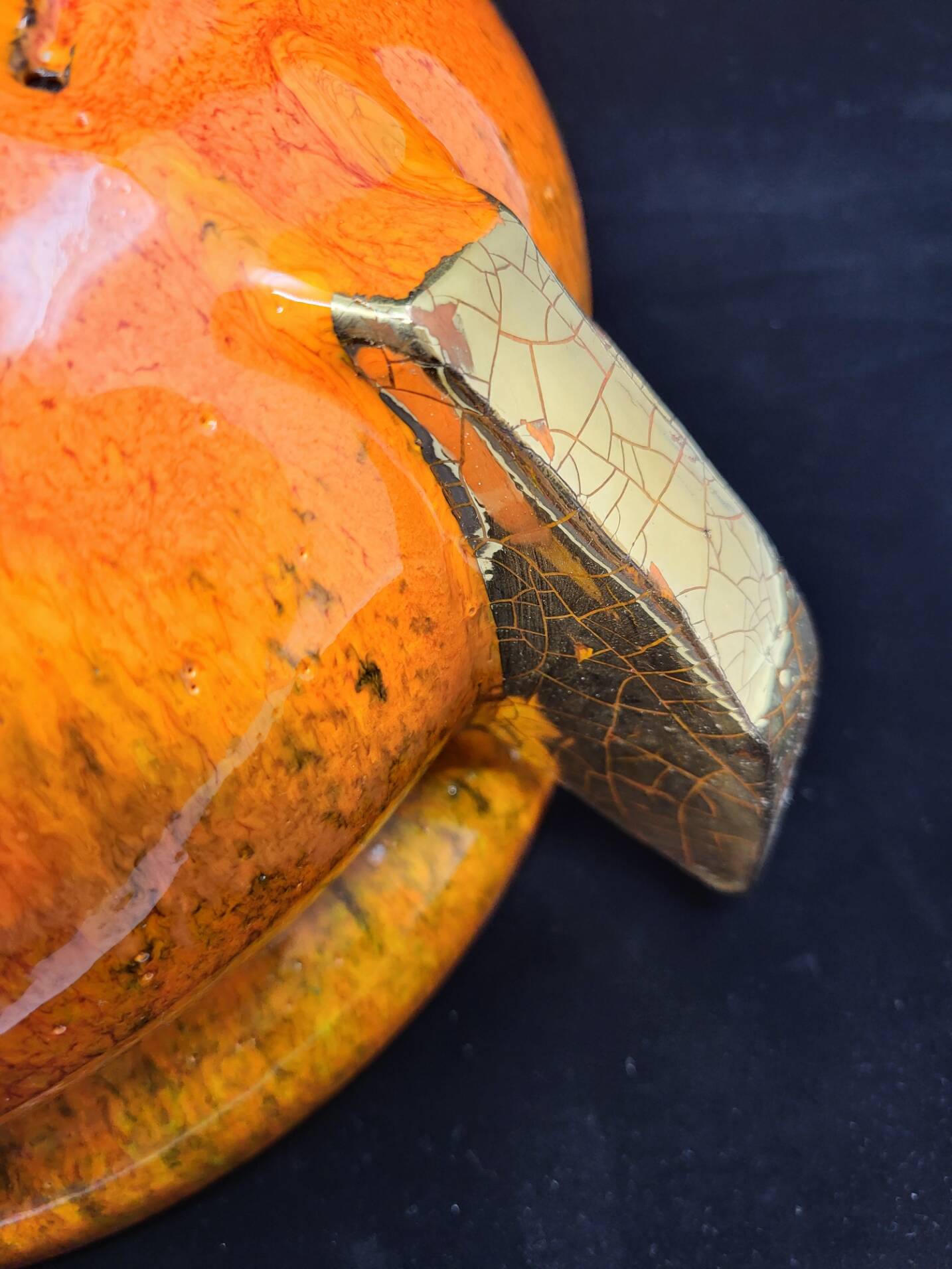 Gérard Crociani soup tureen in orange zoomorphic ceramic French gilded with fine gold Vallauris