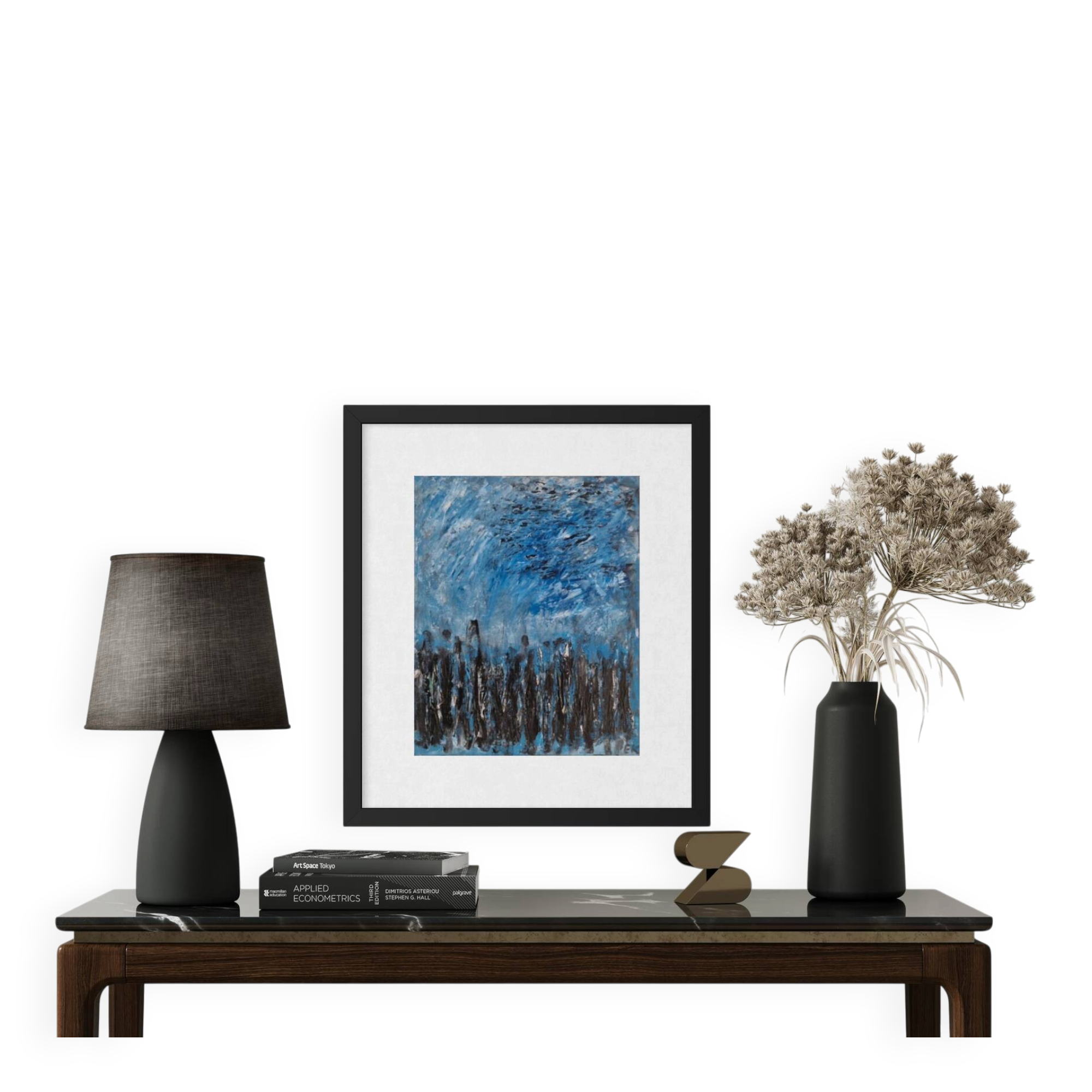 Abstract table in blue, black, and white, 41x33 cm, signed painting.