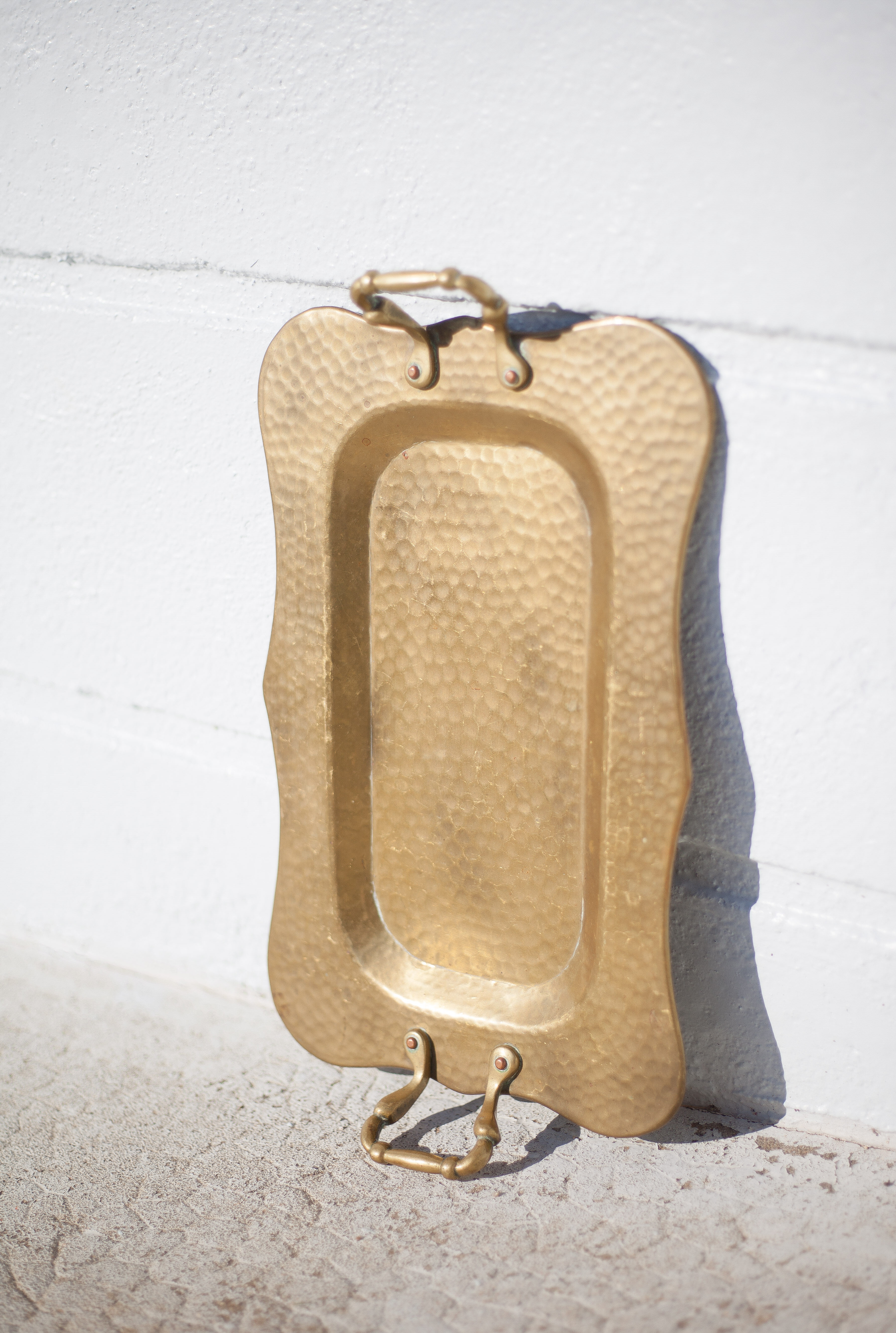 Vintage brass top, E.Roblin Villedieu Manche, handle tray, tableware, hammered top