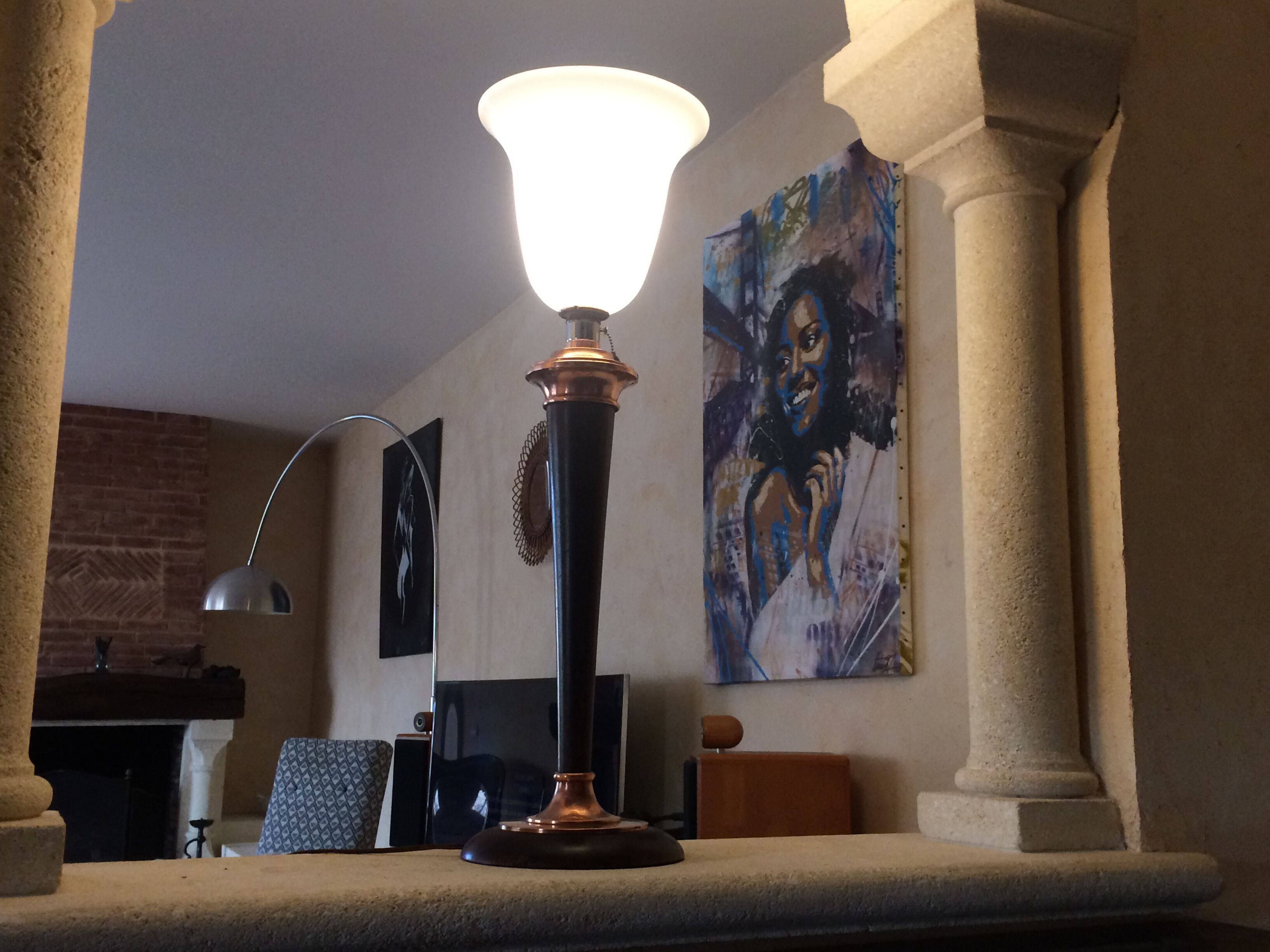 Mahogany and copper brass, Mazda Art deco lamp, 1930-40