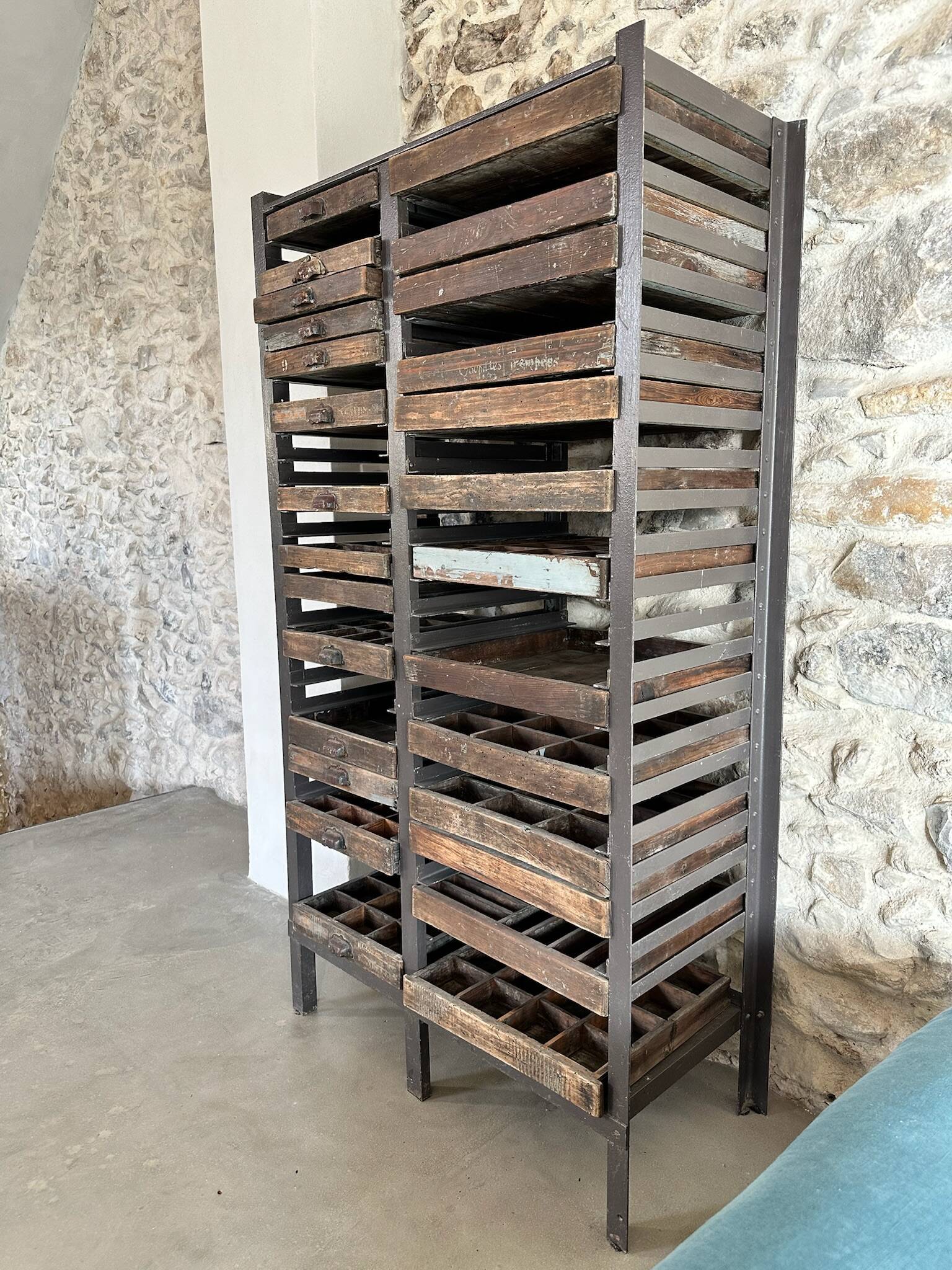 Antique printing furniture with drawers – wood & metal – industrial