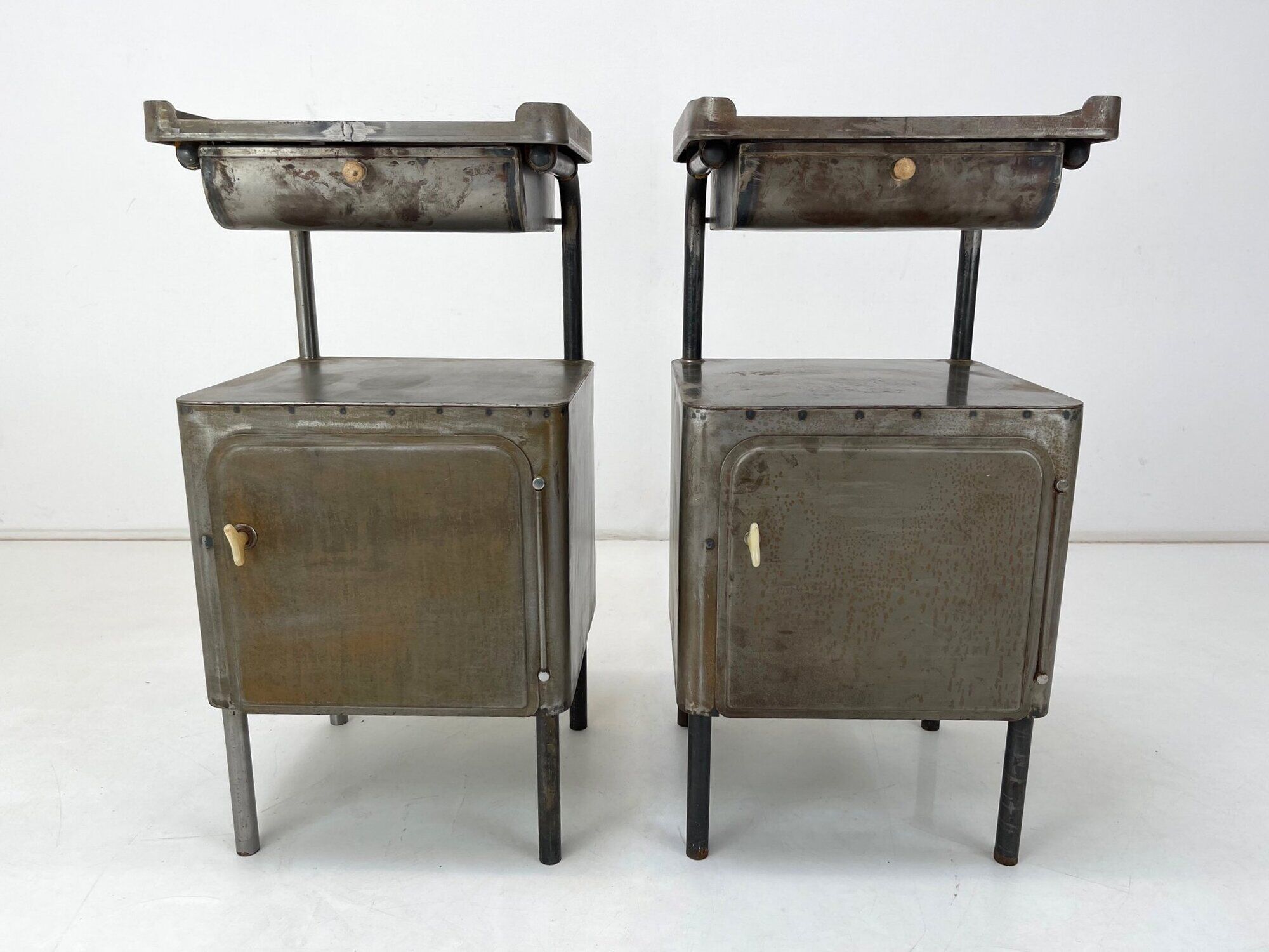 Vintage Industrial Brushed Steel Nightstands, 1920's