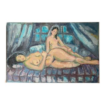 Tableau femmes allanguies hst marcelle guetta-fattal (1922-2009) fauvisme cubime