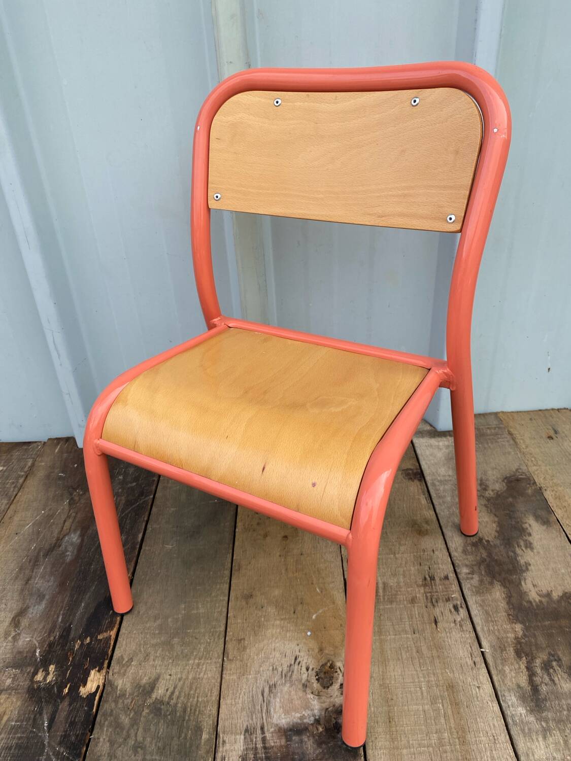 Chaise Ancienne Écolier Maternelle Tube Métal Rose & Bois 70’s Vintage