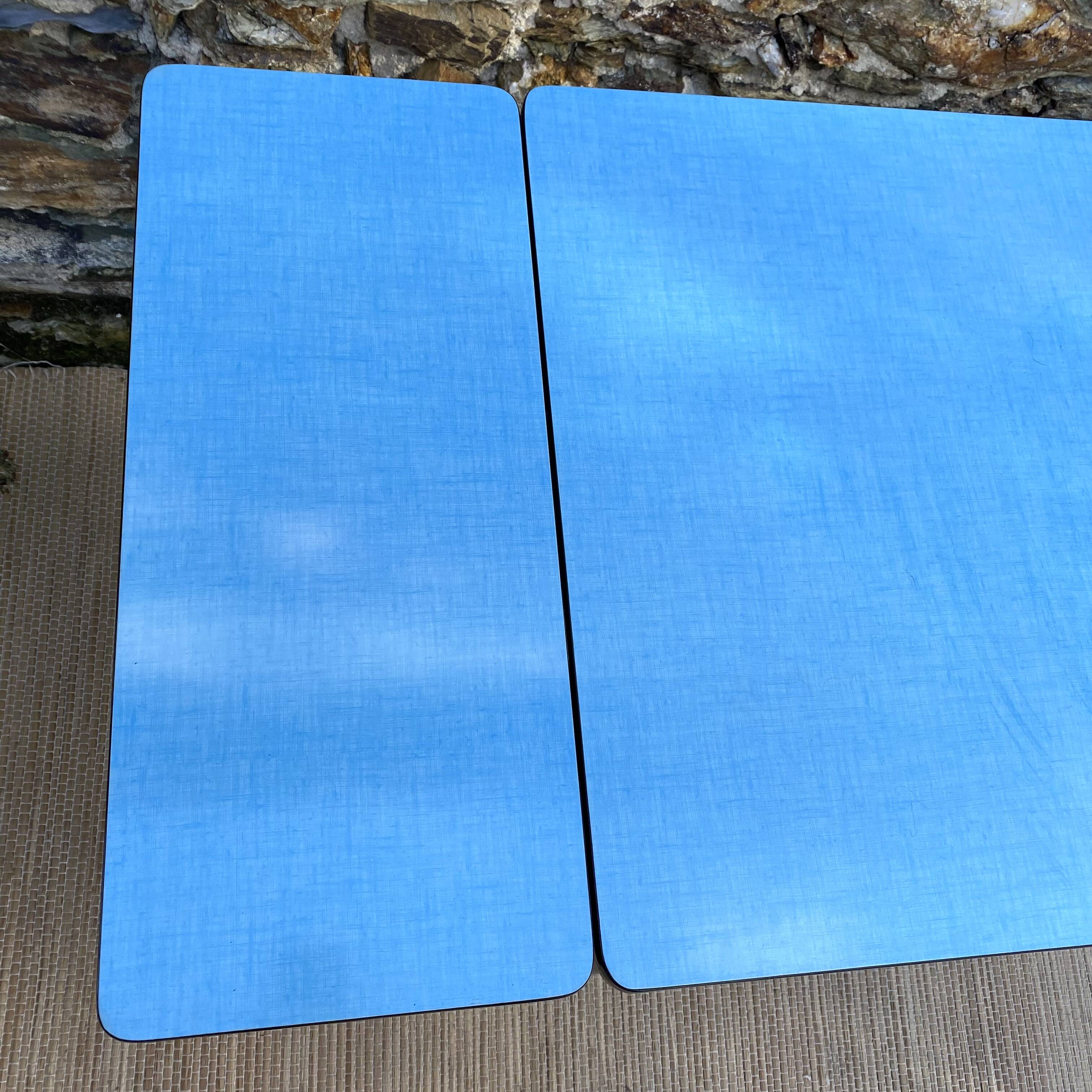 Extendable blue formica table and 2 chairs, 1960s