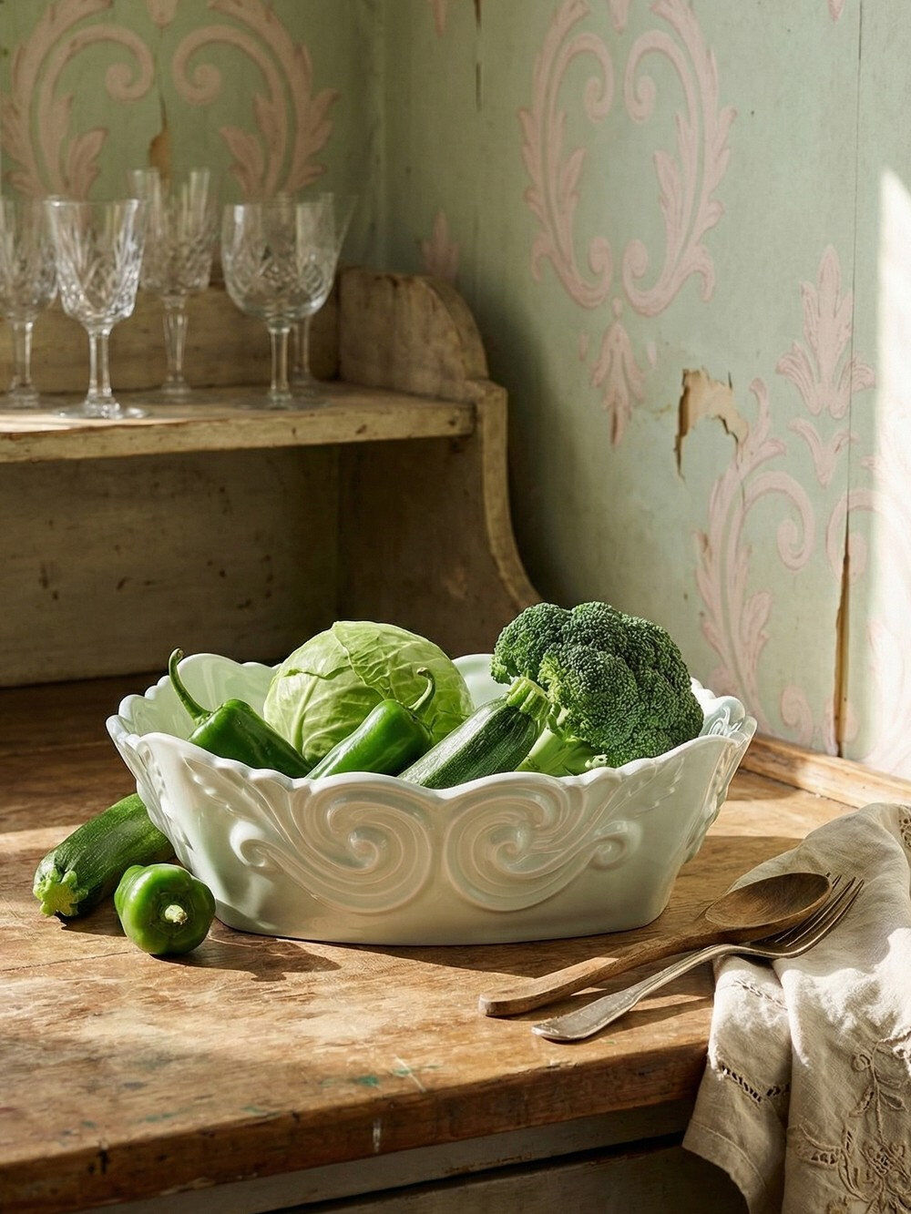 Square coupe/bowl in celadon porcelain, vintage Limoges from the 50s to 70s.