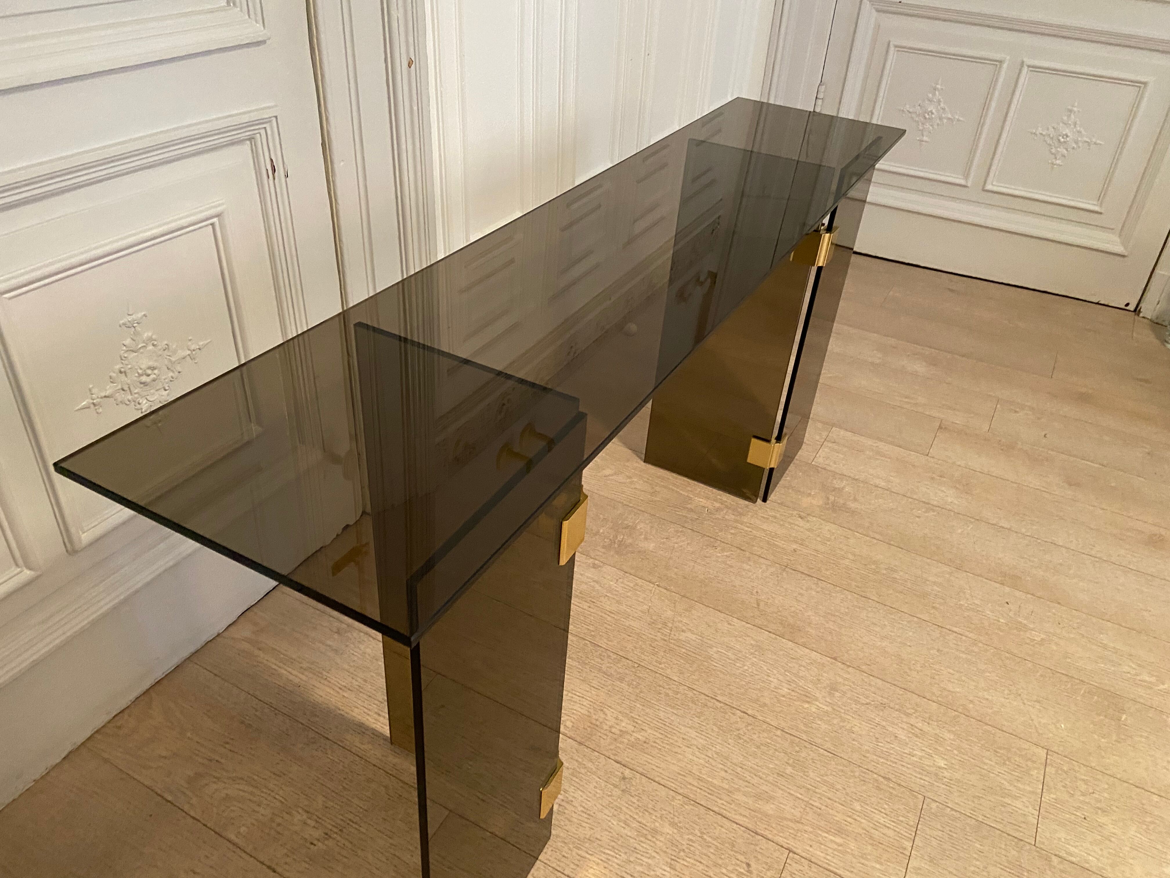Console smoked glass and brass, 1970s