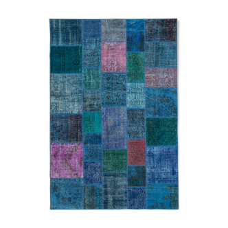 Handmade anatolian vintage 202 cm x 300 cm blue patchwork carpet