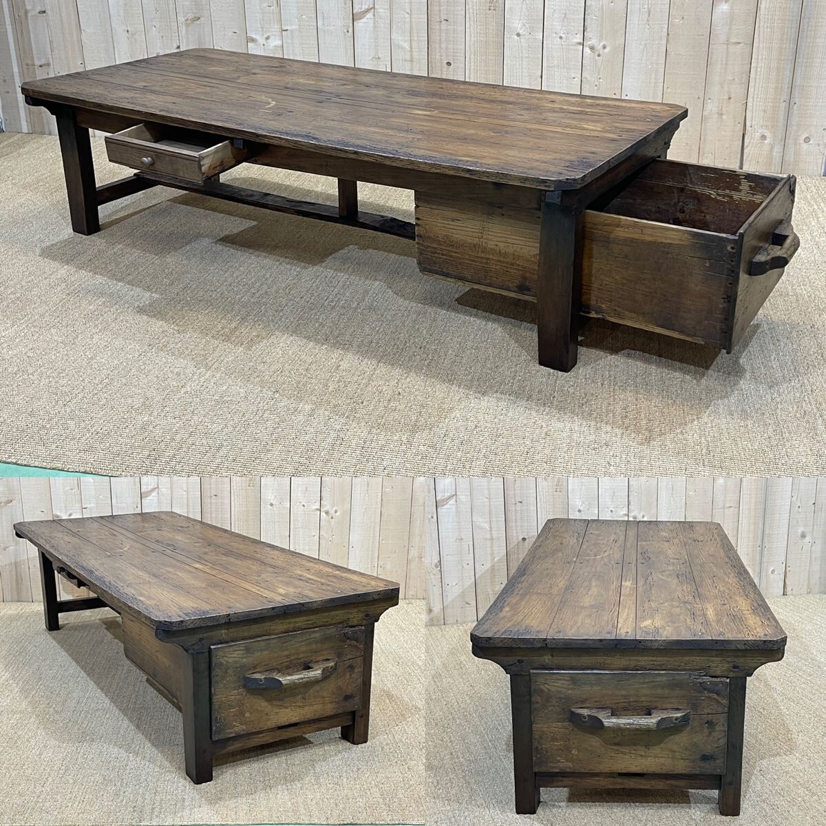 Coffee table early XXth fir with 2 drawers