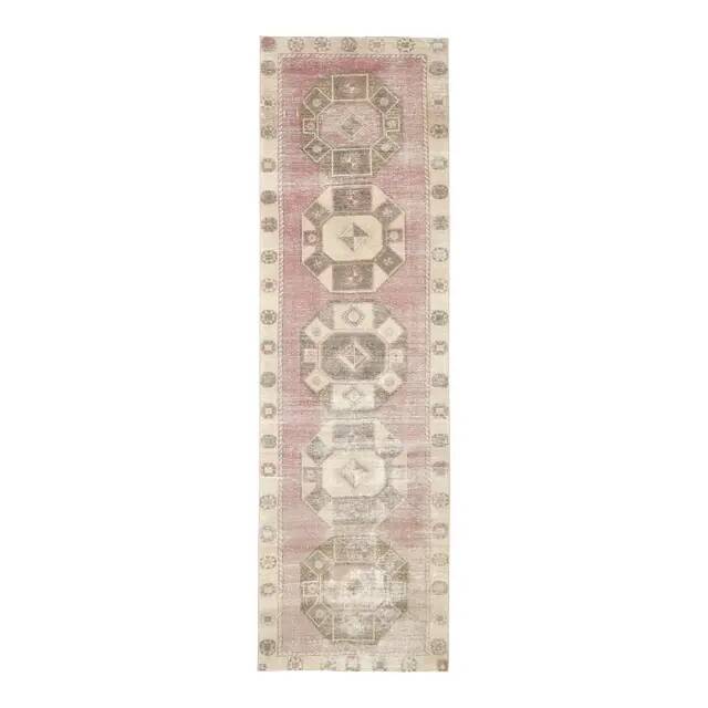 1970s Turkish Hand-Knotted Wool Cotton Pink Runner Rug 104x361