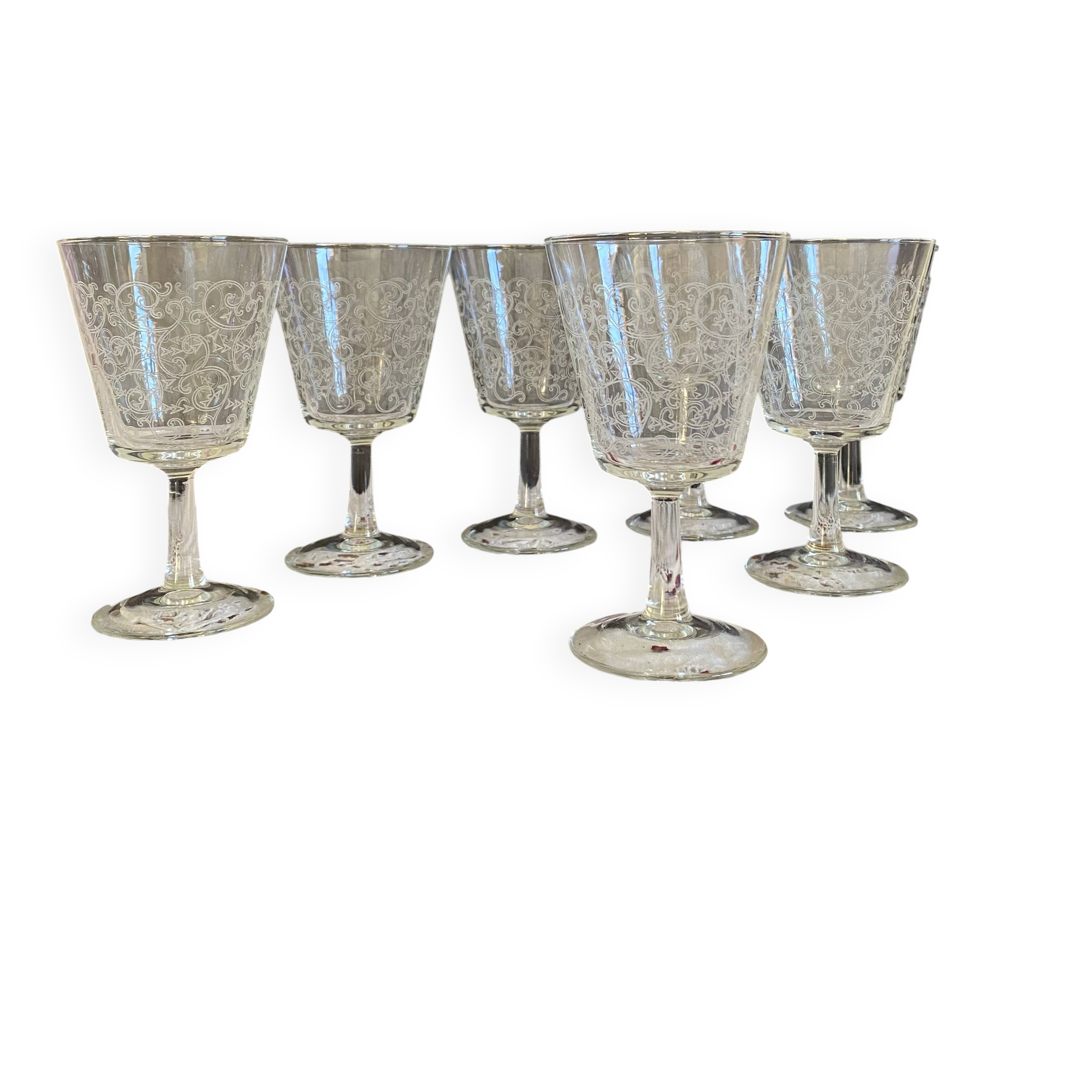 6 large antique wine or water glasses engraved with arabesques