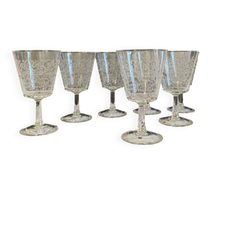 6 grands verres à pied anciens à vin ou à eau gravé arabesque