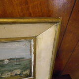 Tableau ancien avec son encadrement, signé jcc,  scène portuaire avec phare