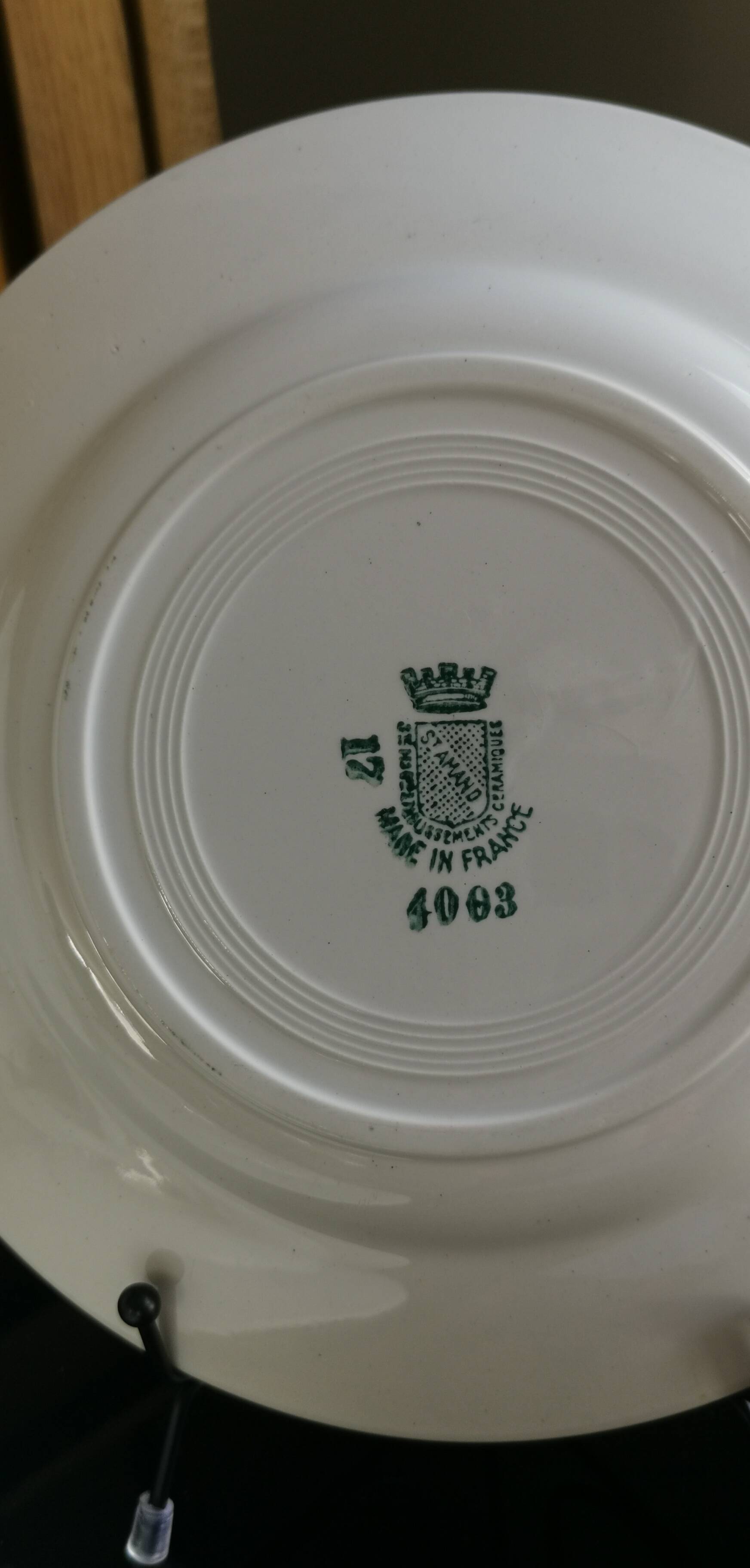 6 old mismatched deep plates Terre de Fer, glass and blue colors