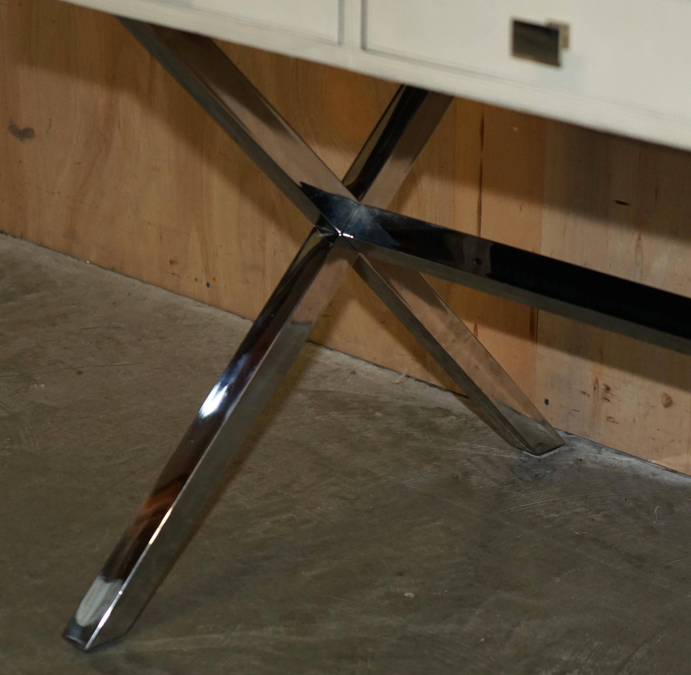 Vintage writing desk with chrome X-shaped top and patinated crocodile leather.