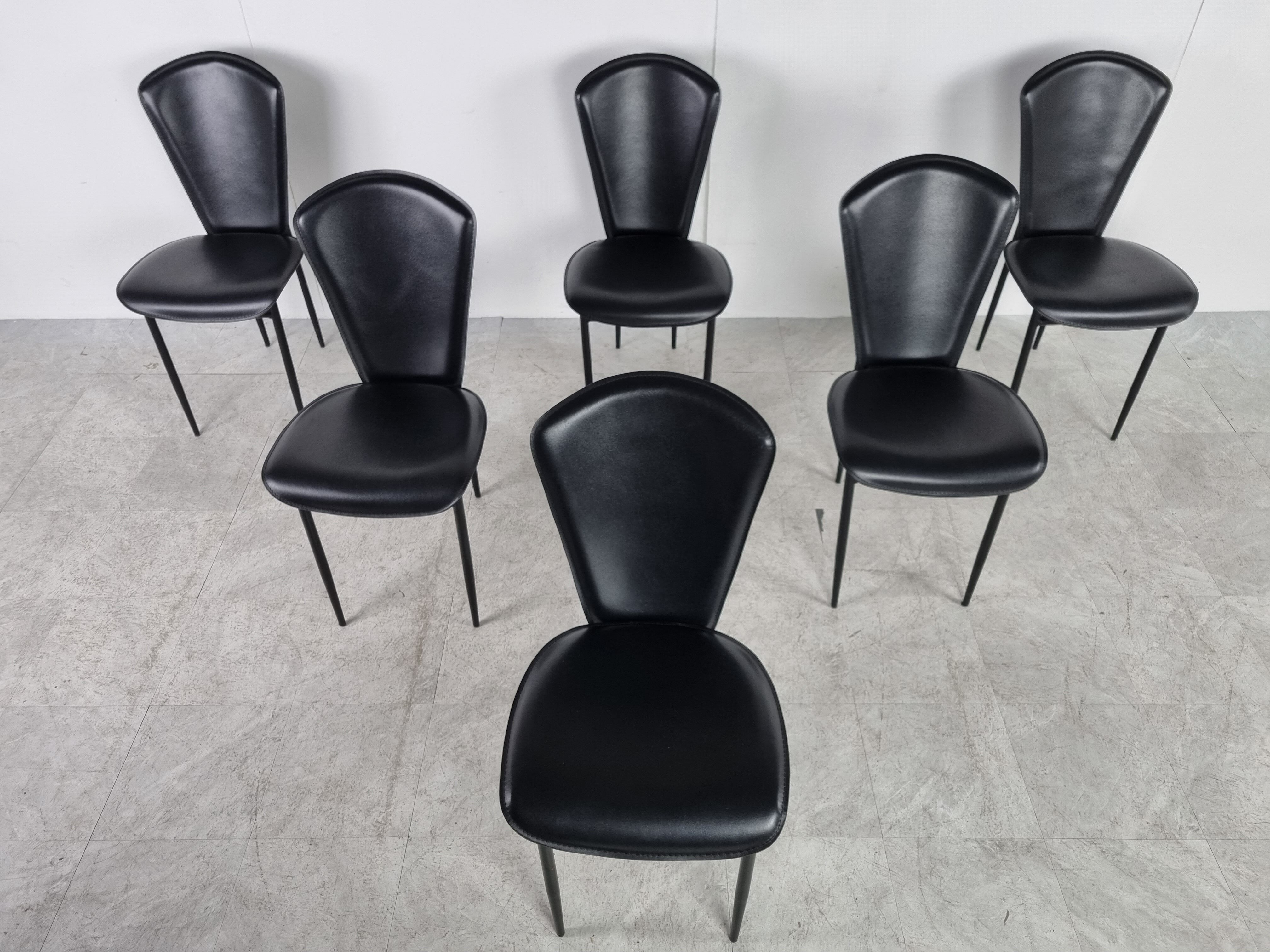 Vintage black leather dining chairs, set of 6, 1980s