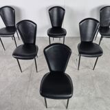 Vintage black leather dining chairs, set of 6, 1980s