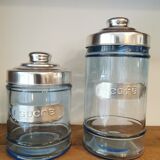 Coffee and sugar jars in blue glass and aluminum