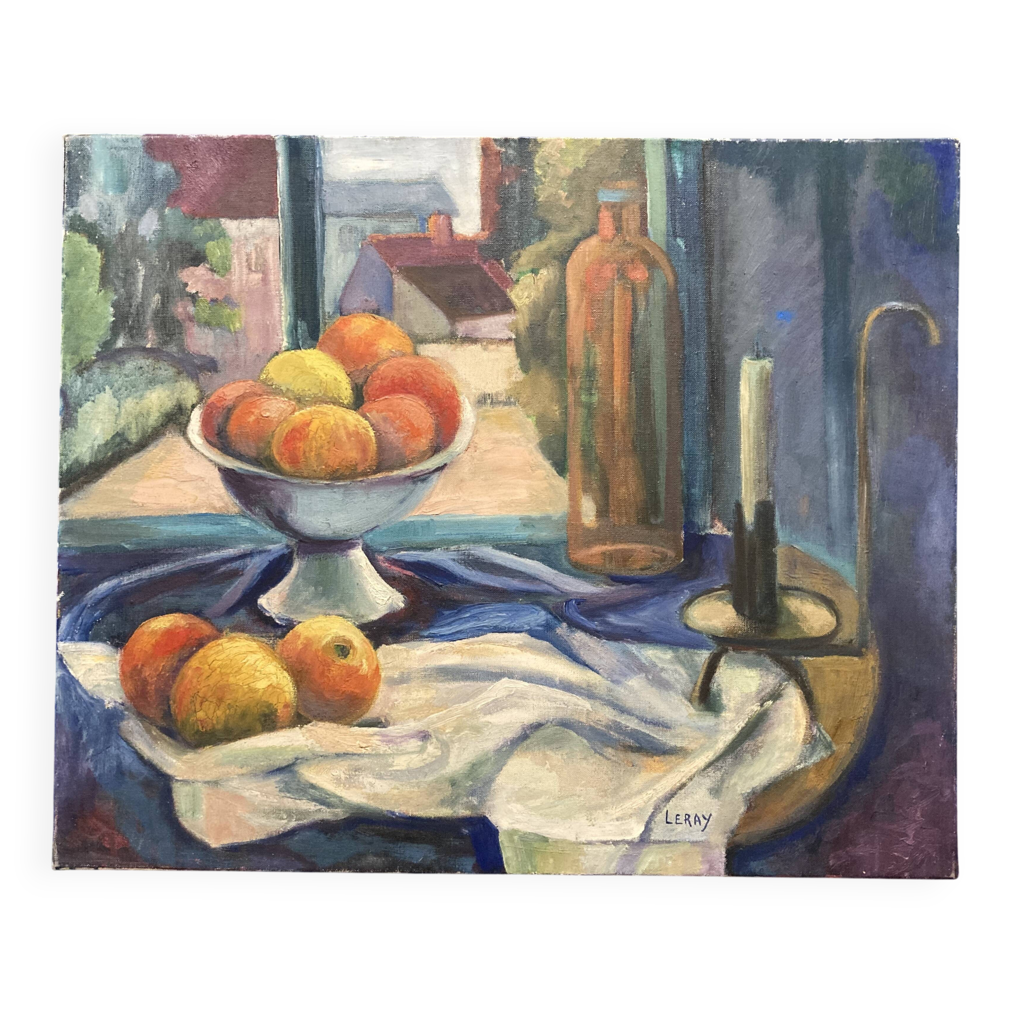Leray, "In Front of the Window", fauvist still life, oil on canvas