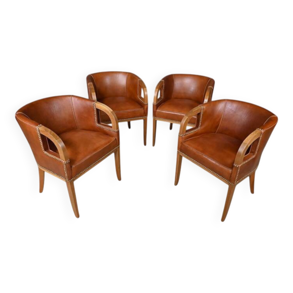 Suite de 4 fauteuils art déco en noyer et cuir – 1940 — Beyit