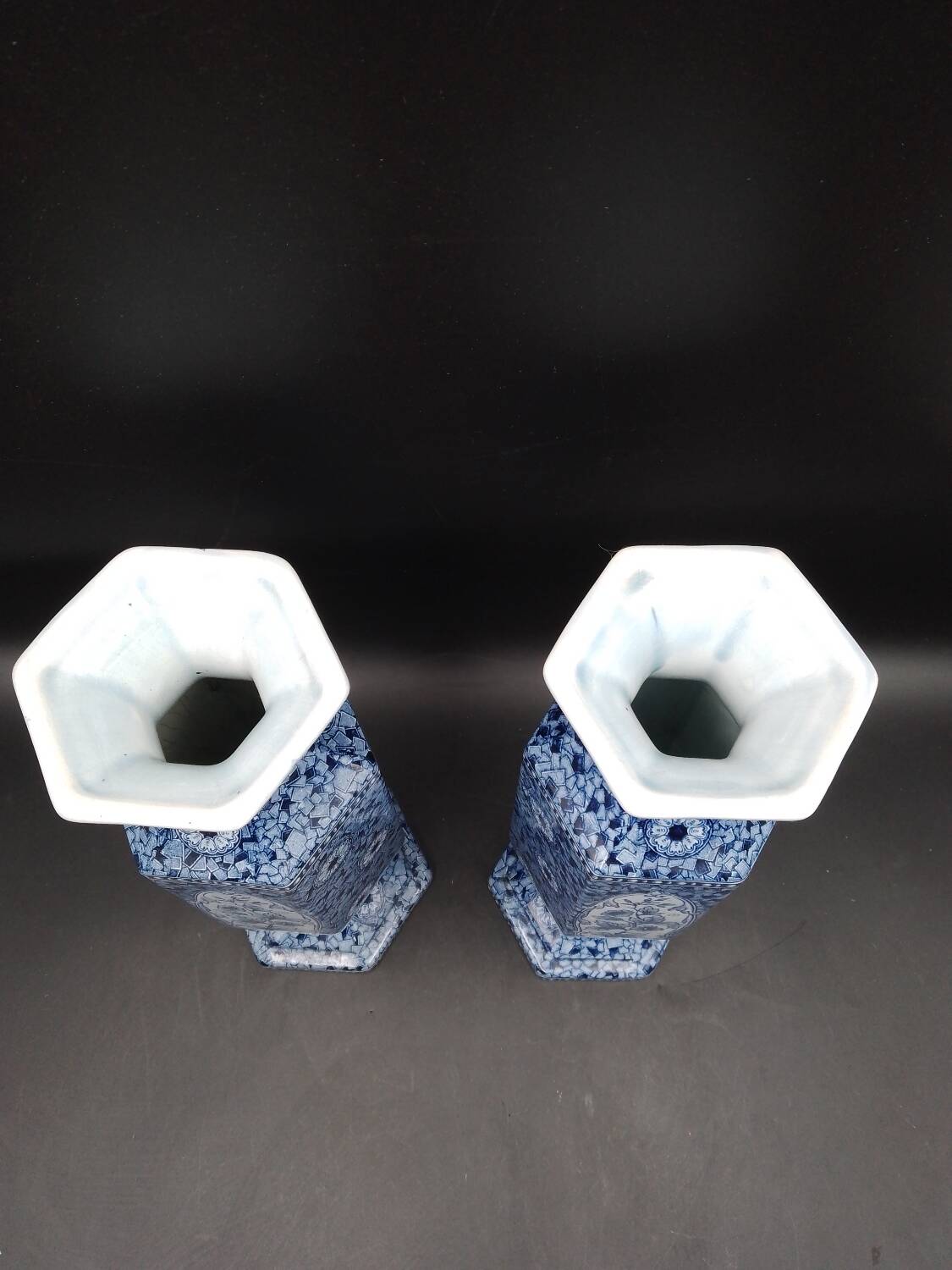 Antique 19th century Delft pair of hexagonal vases - Petrus Regout Maestricht