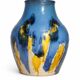 Baluster vase in Belgian ceramic with flowing blue and yellow glazes.